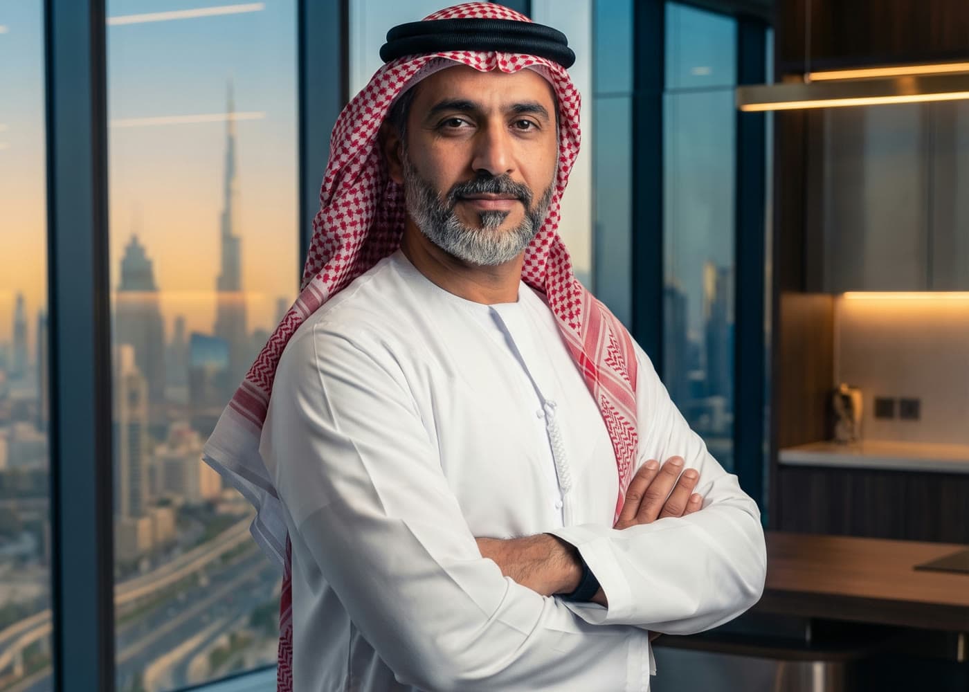 A business owner standing in an office with a city skyline behind them.