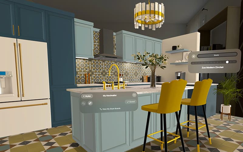 A finished interior with fitted cabinetry, lighting and furniture in place.