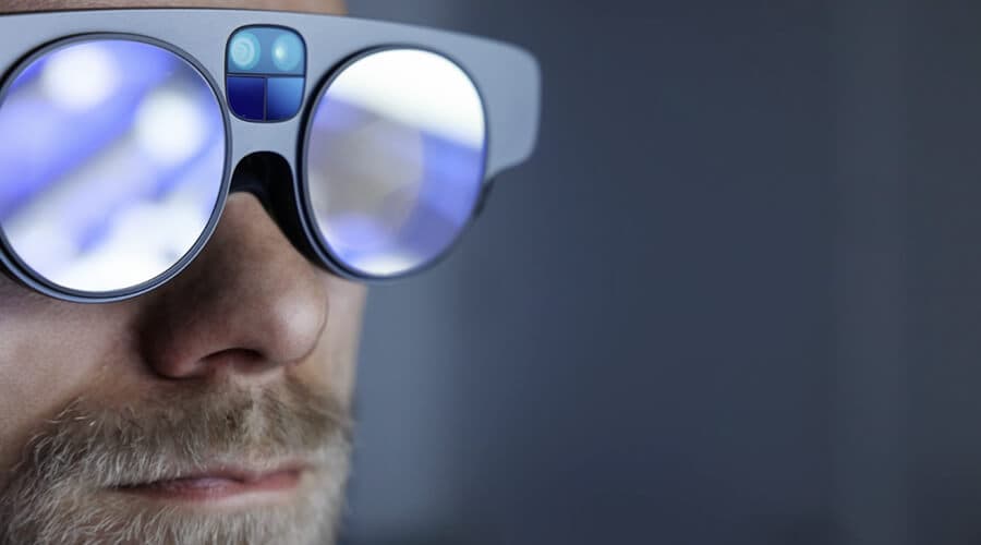 A close view of technical eyewear reflecting instrumentation readouts.