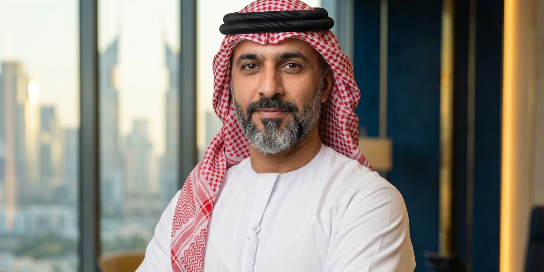 A businessman in a kandura standing in a boardroom above the Dubai skyline at dusk.