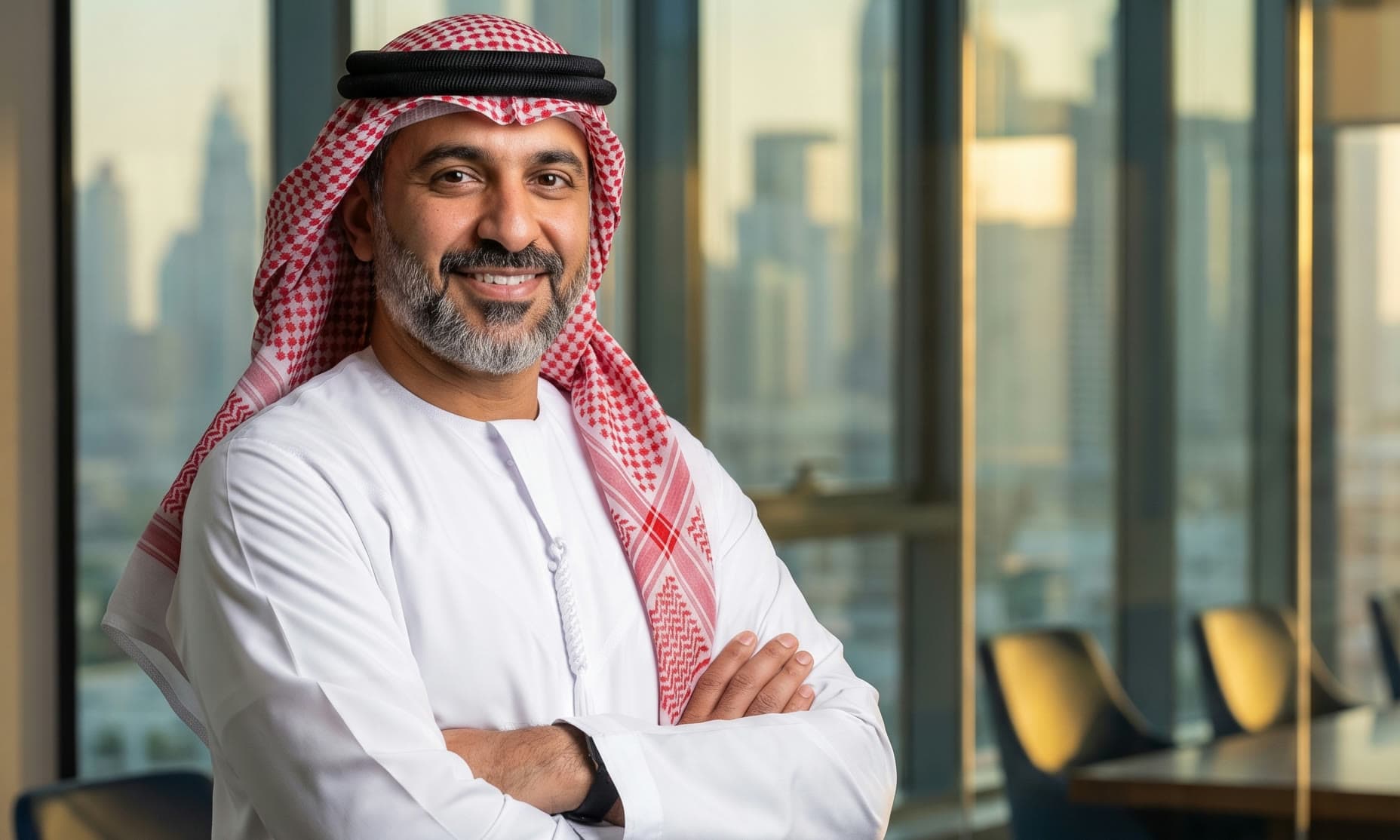 A businessman in a kandura standing in a boardroom above the Dubai skyline.